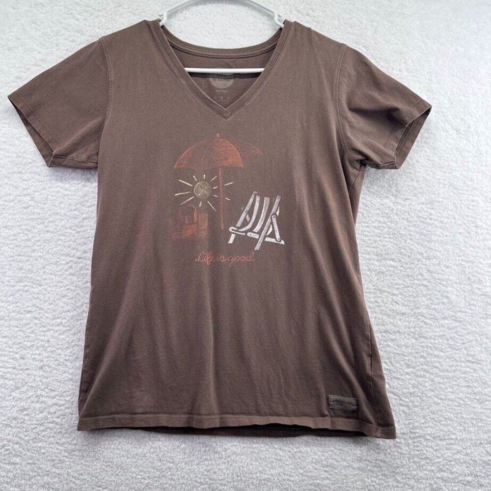 Life is Good Shirt Womens Size Medium Classic Fit‎ Brown V Neck Beach Umbrella - Picture 2 of 8